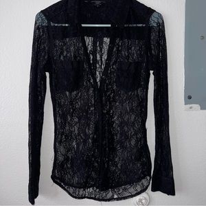 Guess Button Down Tunic Black Lace Long Sleeve Pockets Hi-Low Hem